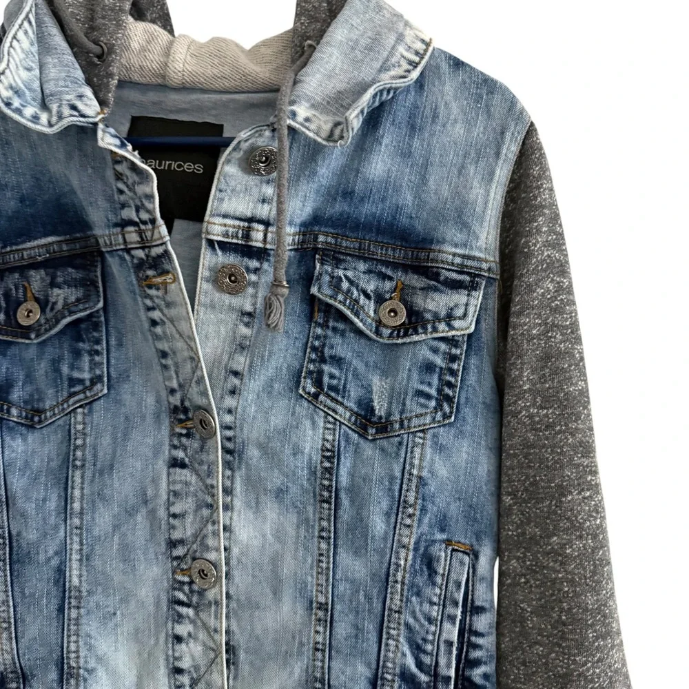 Maurices Hooded Denim Jacket Womens M Medium Blue Gray Mixed Media Trucker